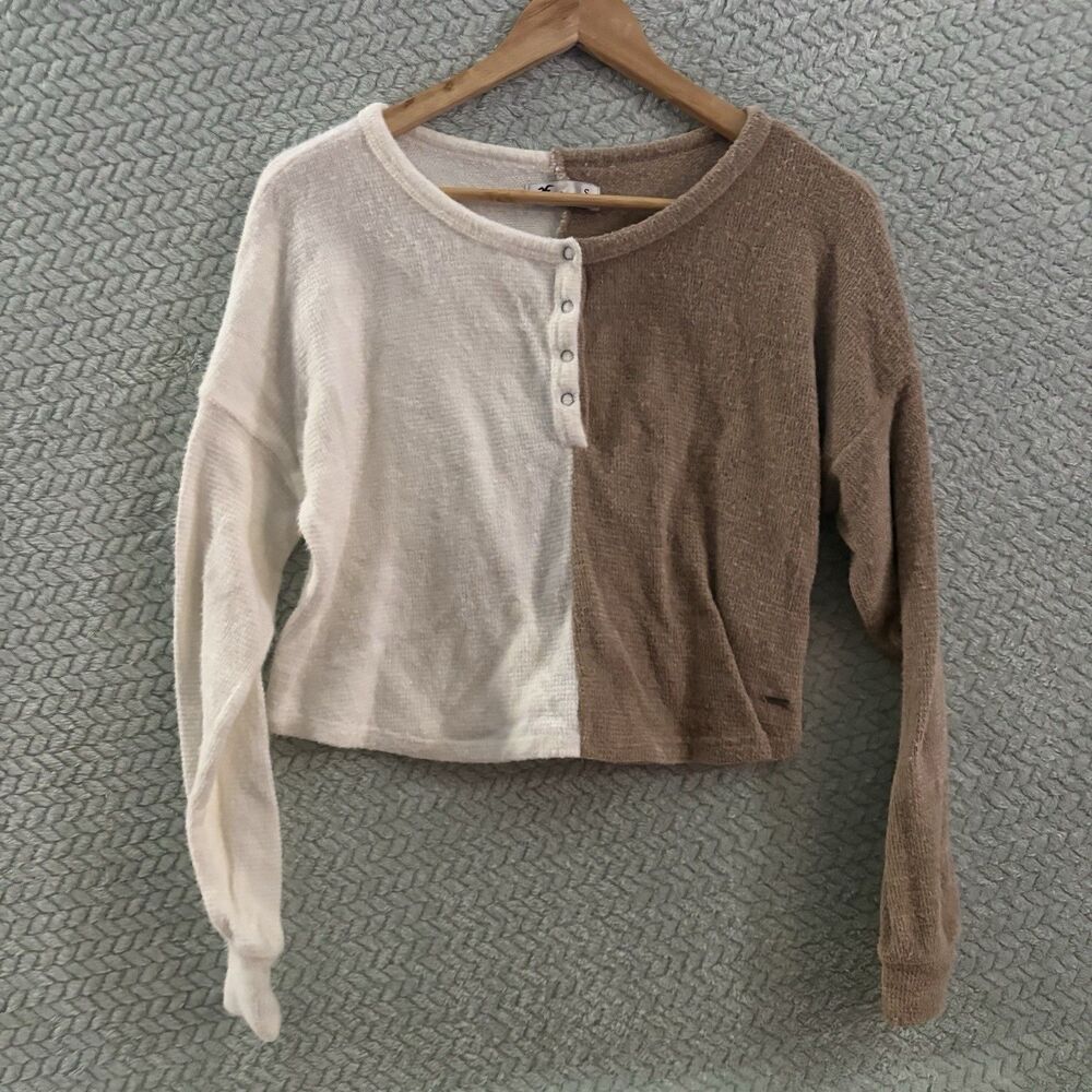 HOLLISTER Cream Brown ColorBlock Henley Eyelash Cropped Sweater Coquette Y2K